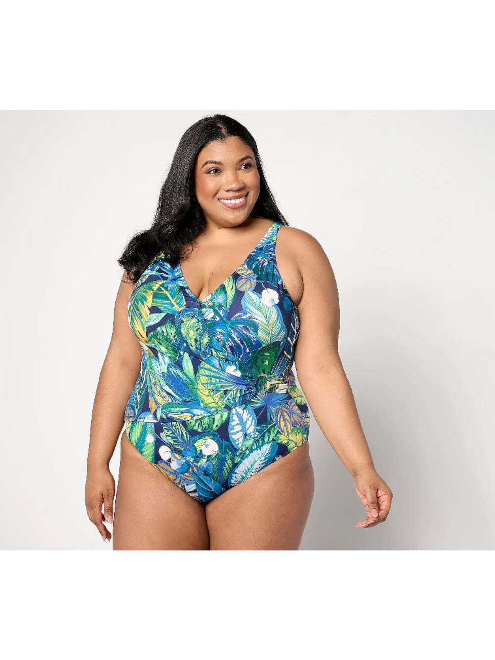 Susan Graver Swimsuit Size 12 Soleil Wrap Front Ring Detail Navy Tropical NEW